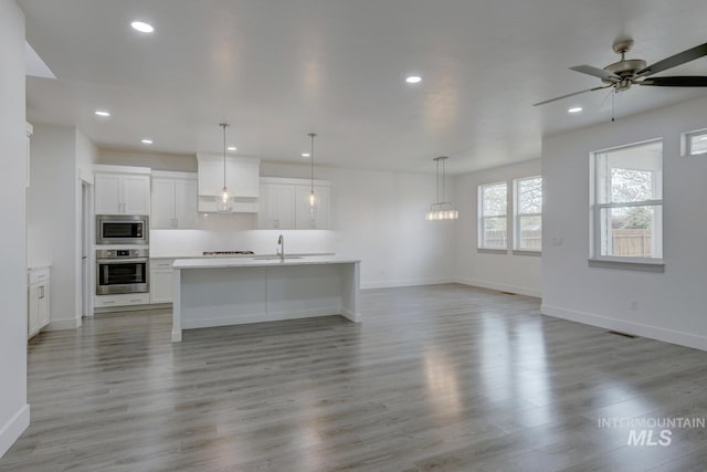 kitchen featuring white cabinets, appliances with stainless steel finishes, and light hardwood / wood-style floors