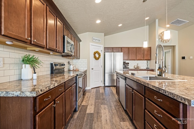 16848 Loggia Ave, Caldwell, ID 83607 - kitchen with appliances with stainless steel finishes, a sink, dark wood finished floors, vaulted ceiling, and a textured ceiling