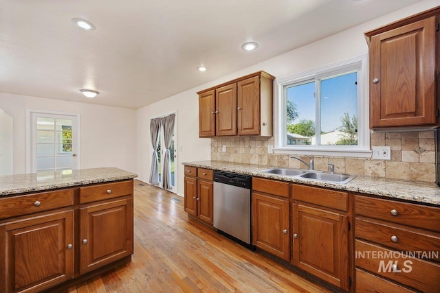 646 W Falls Ave, Twin Falls, ID 83301 - kitchen featuring dishwasher, backsplash, brown cabinets, light wood-style flooring, and light stone counters