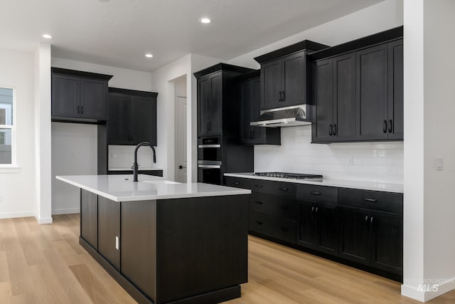 2386 N Leatherwood Ave, Star, ID 83669 - kitchen with a sink, under cabinet range hood, light wood finished floors, dark cabinetry, and recessed lighting
