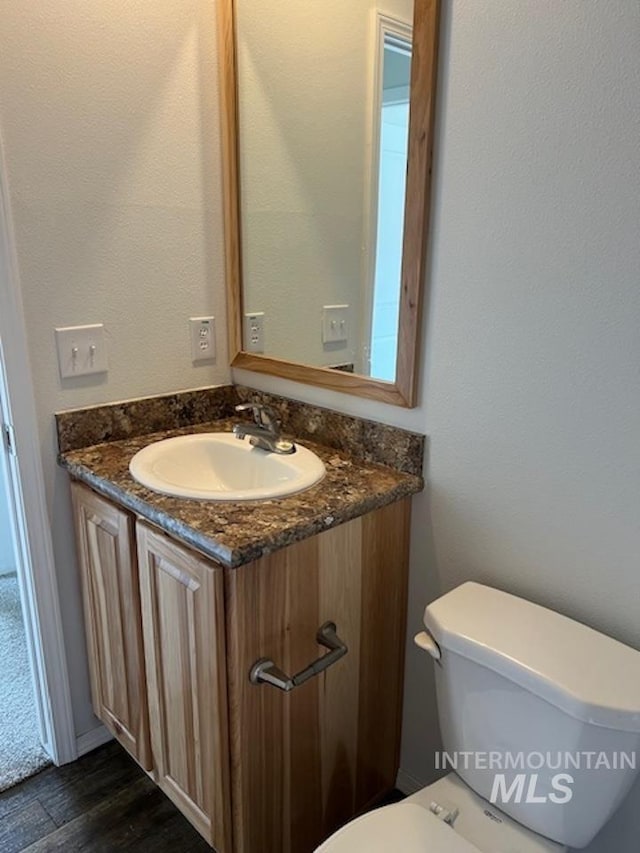 bathroom with toilet, vanity, and wood finished floors