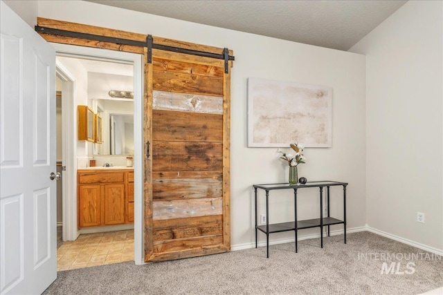 interior space with a barn door, sink, light colored carpet, and a textured ceiling