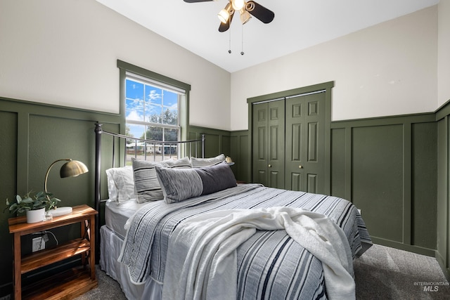 1936 S Leadville, Boise, ID 83706 - bedroom with dark colored carpet, a decorative wall, wainscoting, a closet, and a ceiling fan