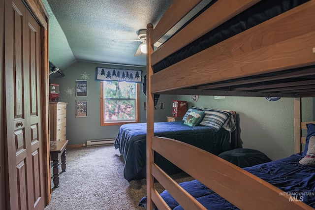 1102 Davis, Mccall, ID 83638 - bedroom with a baseboard radiator, carpet flooring, a textured ceiling, lofted ceiling, and a ceiling fan
