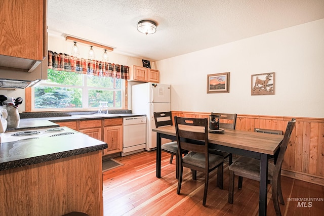 1102 Davis, Mccall, ID 83638 - kitchen with white appliances, dark countertops, light wood-type flooring, a sink, and a wainscoted wall