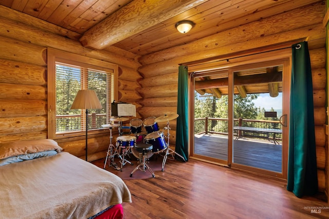 bedroom featuring wooden ceiling, access to exterior, rustic walls, beamed ceiling, and wood-type flooring