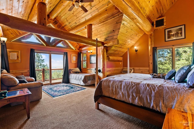 bedroom with ceiling fan, beam ceiling, high vaulted ceiling, wooden ceiling, and carpet floors