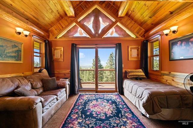 carpeted bedroom featuring access to exterior, wooden ceiling, and vaulted ceiling