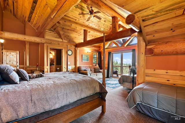 carpeted bedroom featuring beam ceiling, access to outside, high vaulted ceiling, and wooden ceiling