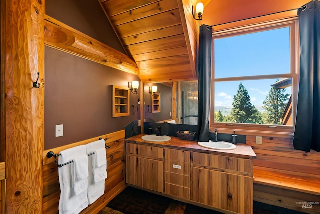 bathroom featuring vanity, wooden ceiling, and lofted ceiling