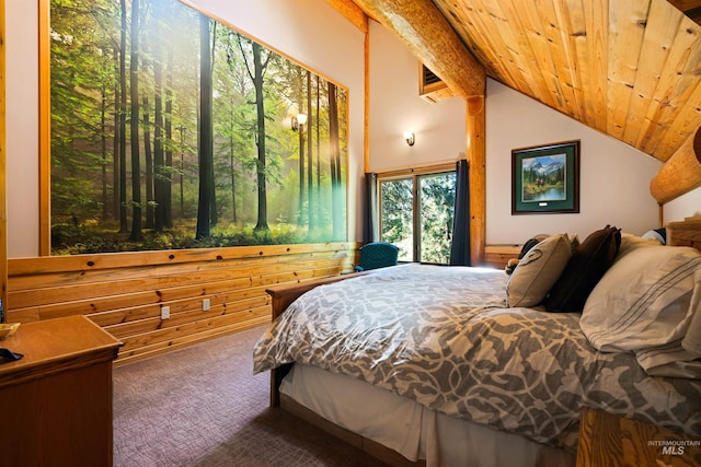 carpeted bedroom featuring vaulted ceiling with beams and wooden ceiling