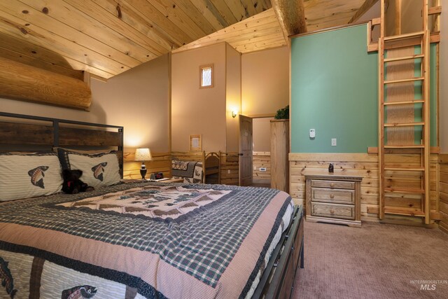 bedroom featuring wood ceiling, lofted ceiling, carpet floors, and wooden walls