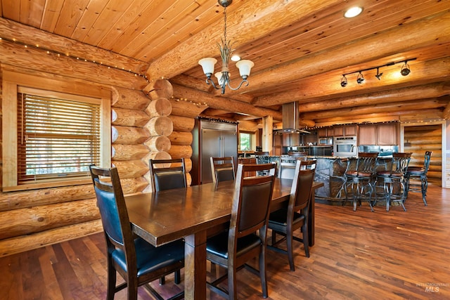 dining room with wood ceiling, dark hardwood / wood-style flooring, log walls, and a chandelier