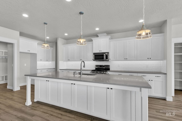 kitchen with white cabinets, appliances with stainless steel finishes, a kitchen island with sink, and sink