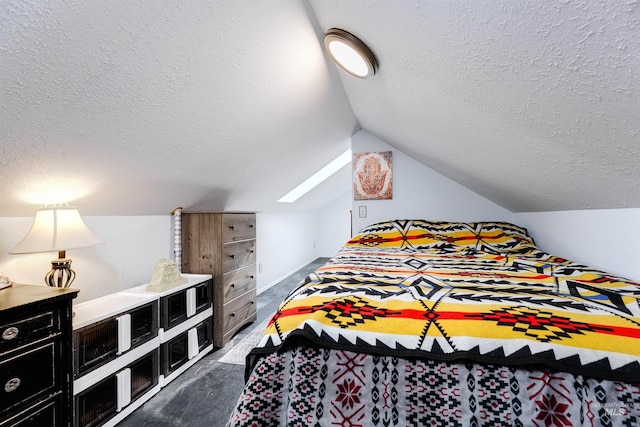 bedroom featuring a textured ceiling and lofted ceiling