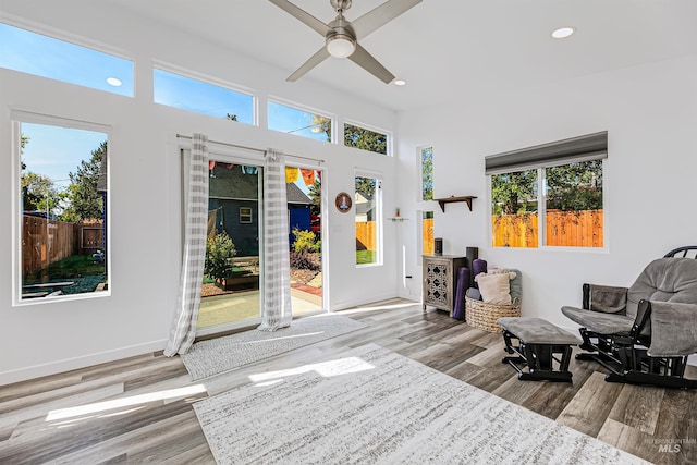 living area with a ceiling fan, wood finished floors, and a wealth of natural light