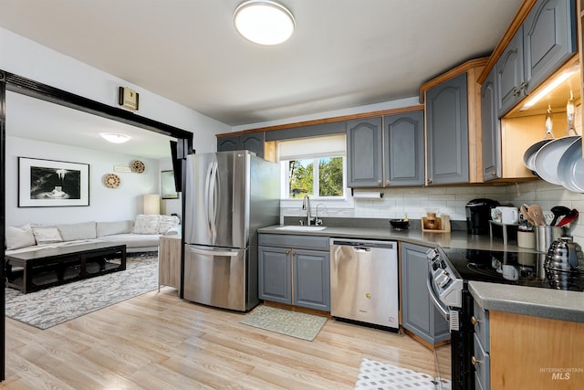 kitchen with dark countertops, tasteful backsplash, a sink, light wood finished floors, and stainless steel appliances