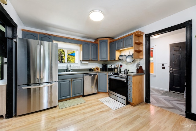 kitchen featuring backsplash, dark countertops, appliances with stainless steel finishes, and a sink