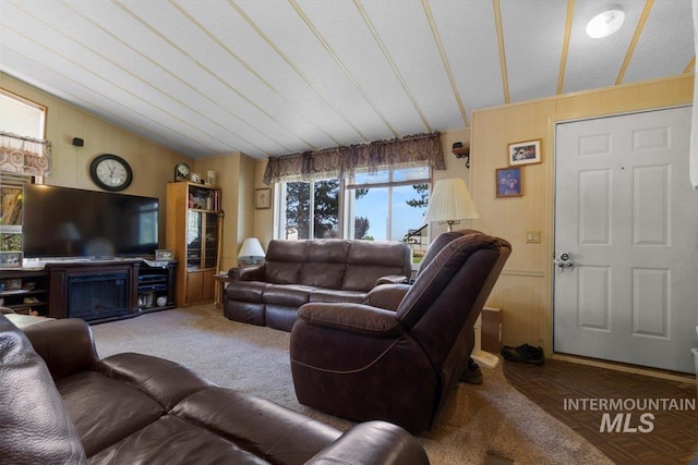 living area featuring a glass covered fireplace, wooden walls, and lofted ceiling