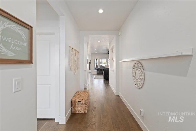 12159 S Red Shouldered Hawk Ln, Nampa, ID 83686 - corridor with wood finished floors, recessed lighting, and baseboards