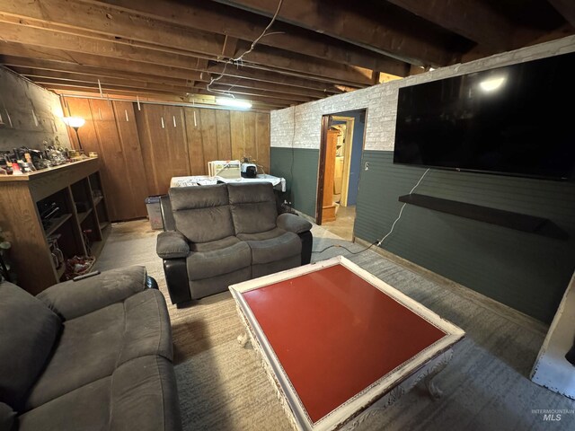 cinema room featuring wooden walls