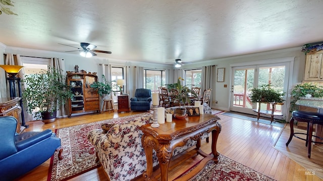 living room with a textured ceiling, crown molding, and light wood-style floors