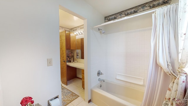 full bathroom with shower / bathtub combination with curtain and tile patterned floors