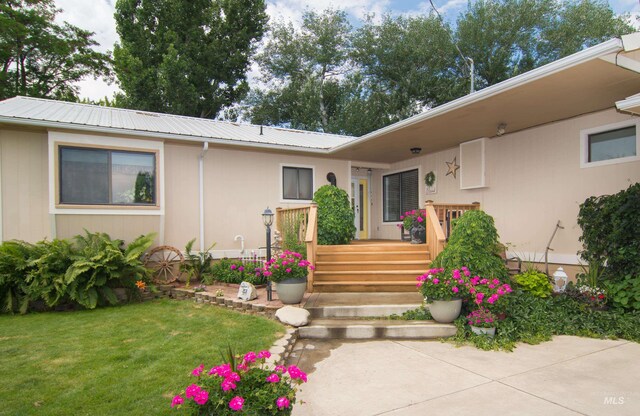 view of exterior entry with metal roof and a lawn