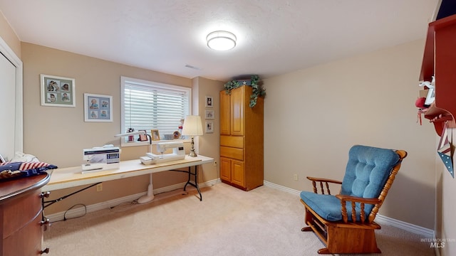 office with baseboards and light colored carpet