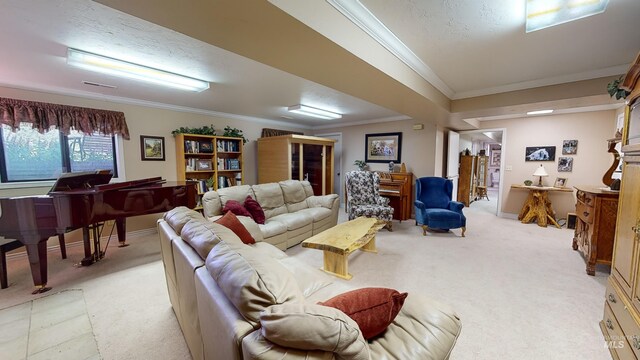 living room with light carpet, a textured ceiling, baseboards, and crown molding