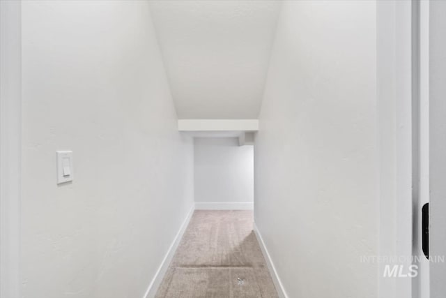 staircase with carpet flooring and vaulted ceiling