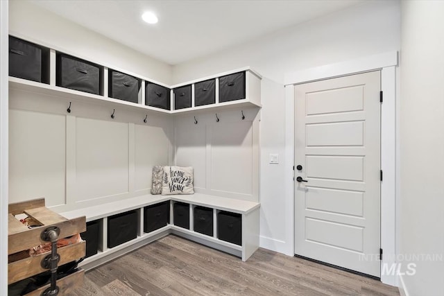 mudroom with wood-type flooring