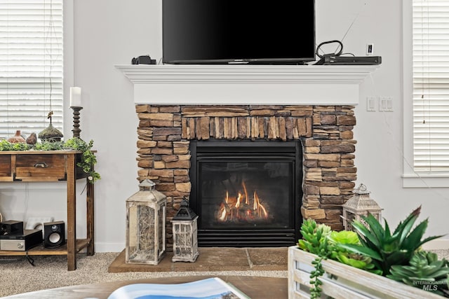 details featuring a stone fireplace