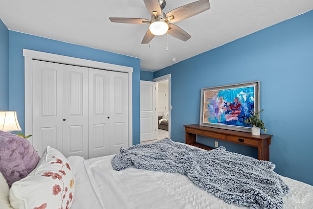 bedroom featuring ceiling fan and a closet