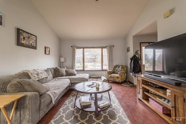 living room featuring lofted ceiling and dark wood-style flooring