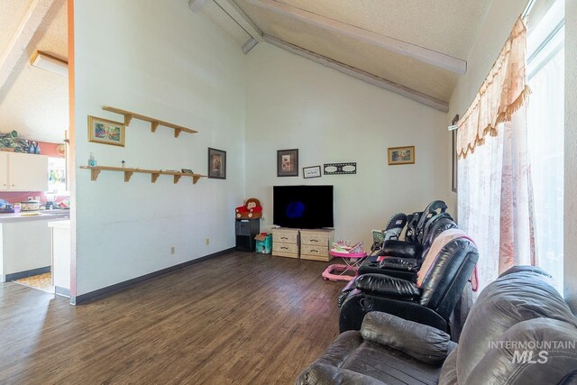 living area featuring high vaulted ceiling, beamed ceiling, and dark wood finished floors