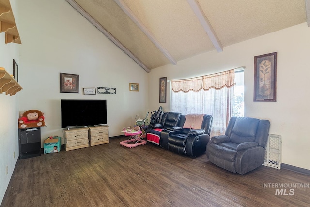 living room featuring high vaulted ceiling, beamed ceiling, and dark wood-style flooring