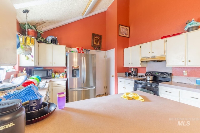 kitchen with under cabinet range hood, high vaulted ceiling, light countertops, white cabinets, and appliances with stainless steel finishes