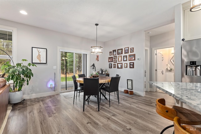 dining room featuring a healthy amount of sunlight, a chandelier, and light wood-type flooring