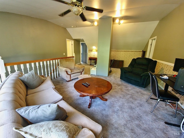 27406 Gem Ln, Juliaetta, ID 83535 - carpeted living area with vaulted ceiling, ceiling fan, and wallpapered walls