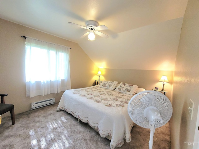 27406 Gem Ln, Juliaetta, ID 83535 - carpeted bedroom with a baseboard radiator, lofted ceiling, and ceiling fan