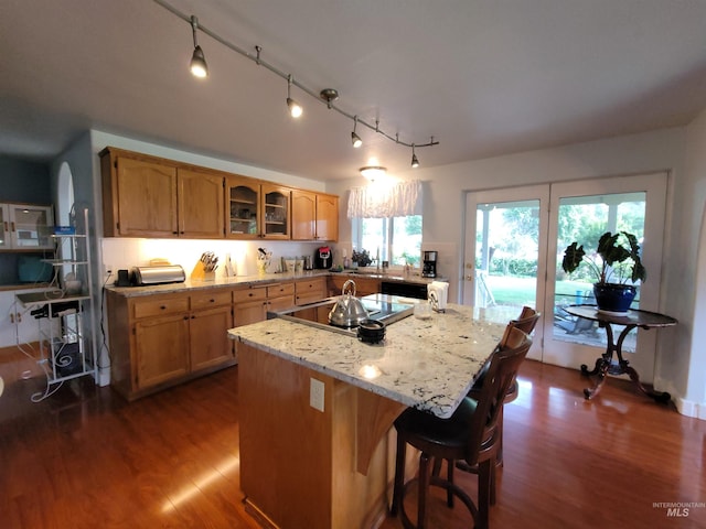 27406 Gem Ln, Juliaetta, ID 83535 - kitchen featuring stovetop, dark wood-style floors, a center island, glass insert cabinets, and track lighting