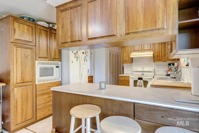 11360 W Lake Hazel Rd, Boise, ID 83709 - kitchen with white appliances, under cabinet range hood, a peninsula, light countertops, and a sink
