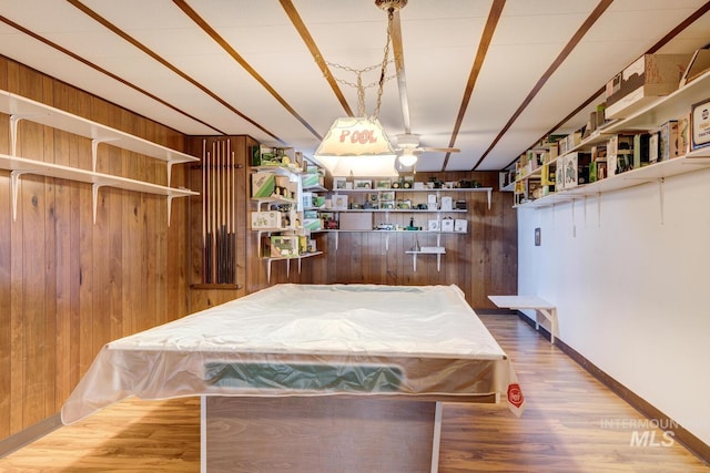 11360 W Lake Hazel Rd, Boise, ID 83709 - recreation room featuring wood walls, wood finished floors, a ceiling fan, and billiards table