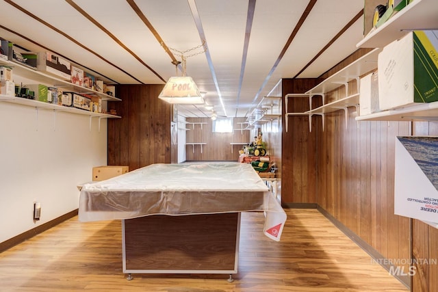 11360 W Lake Hazel Rd, Boise, ID 83709 - game room with billiards table, wood walls, and light wood-style flooring