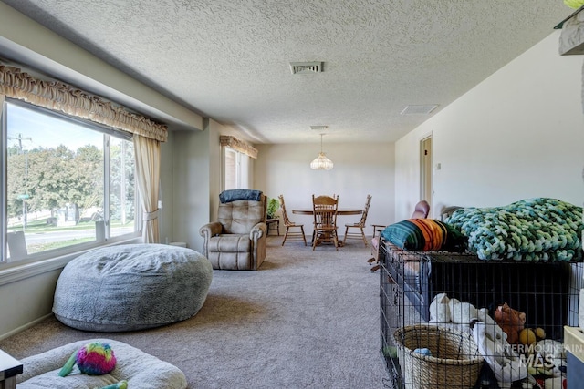11360 W Lake Hazel Rd, Boise, ID 83709 - living area featuring carpet, a textured ceiling, and a chandelier