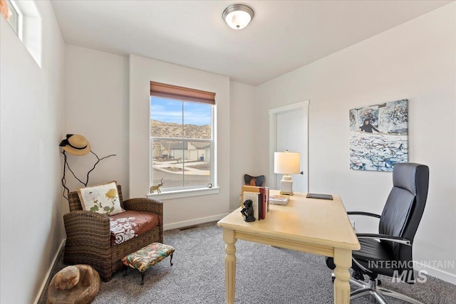 office area with carpet flooring, visible vents, and baseboards