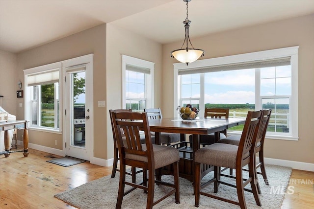 dining space with a healthy amount of sunlight, light wood finished floors, and baseboards