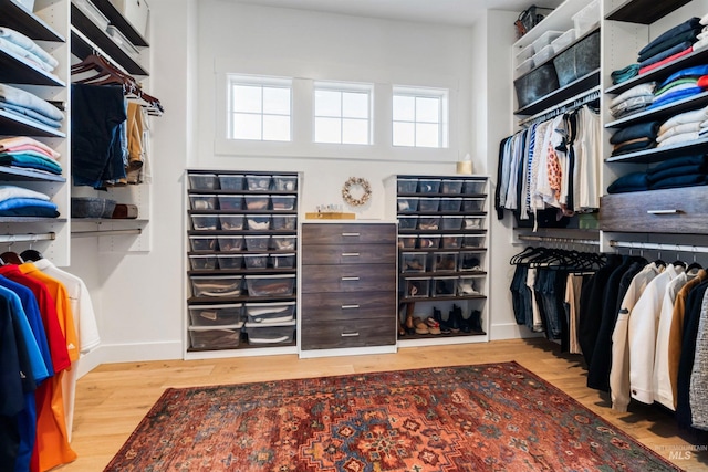 walk in closet with wood finished floors