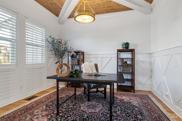 home office featuring visible vents, wainscoting, wooden ceiling, and wood finished floors